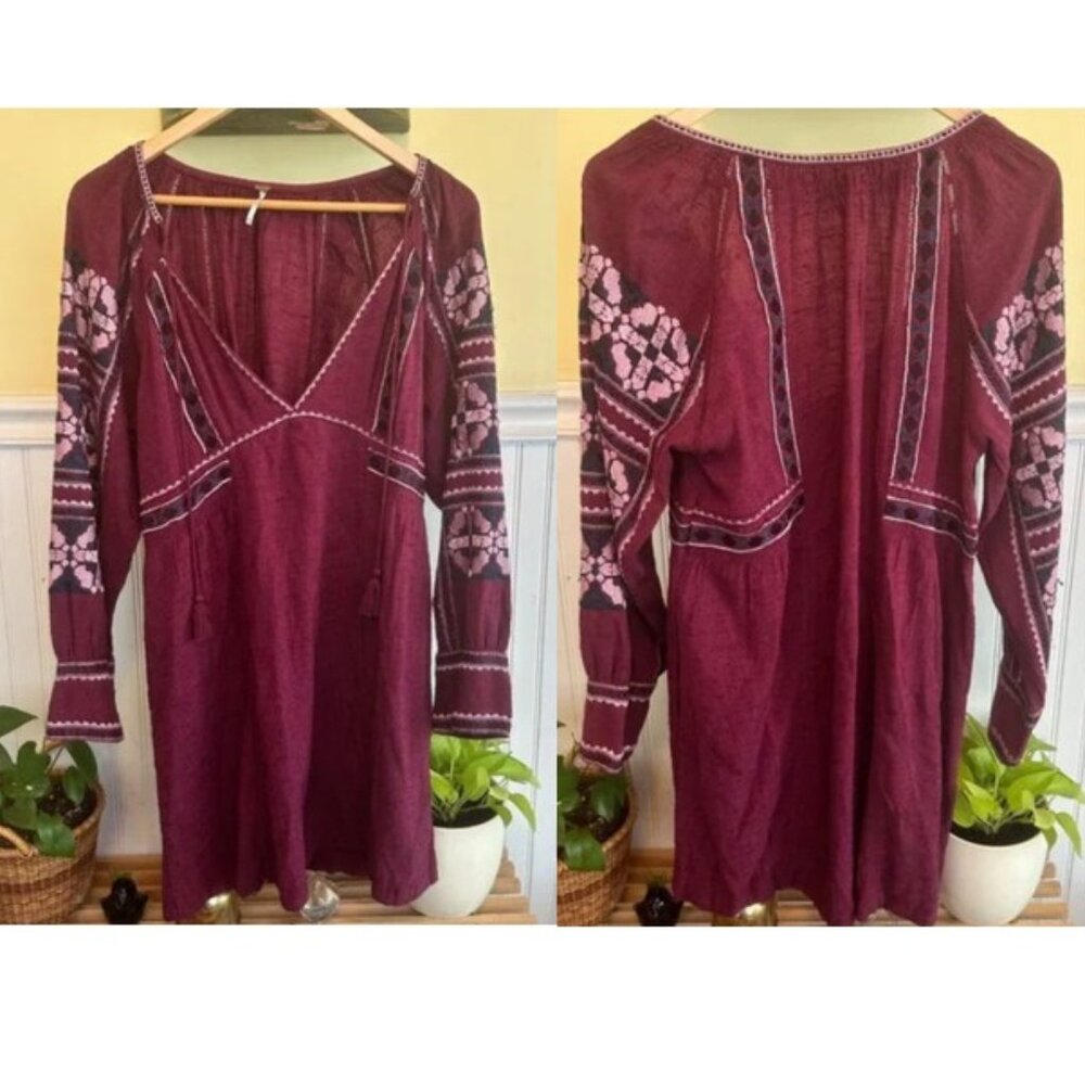 Free People Bohemian Burgundy Embroidered Long-sleeve Dress